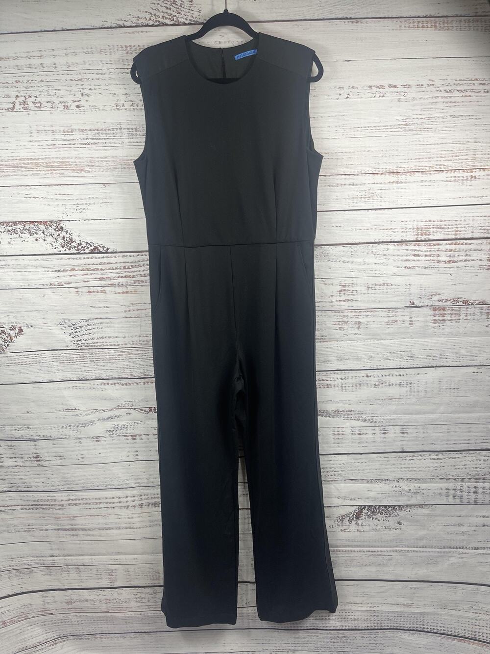 McLaughlin Jumpsuit Women's 14 Black Farrah Sleeveless Pockets Ponte Wide Leg